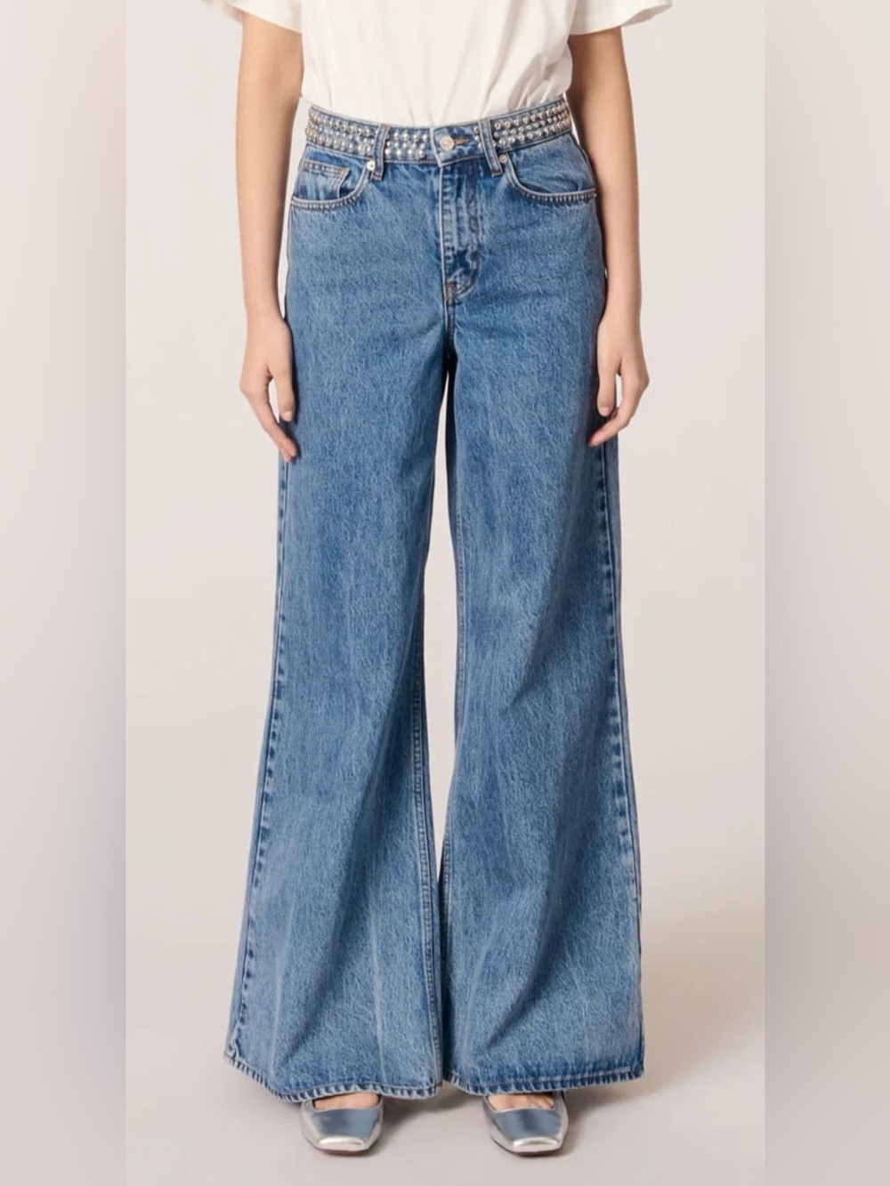 NWT Maje Studded Waistband Wide Leg Jeans Size 36